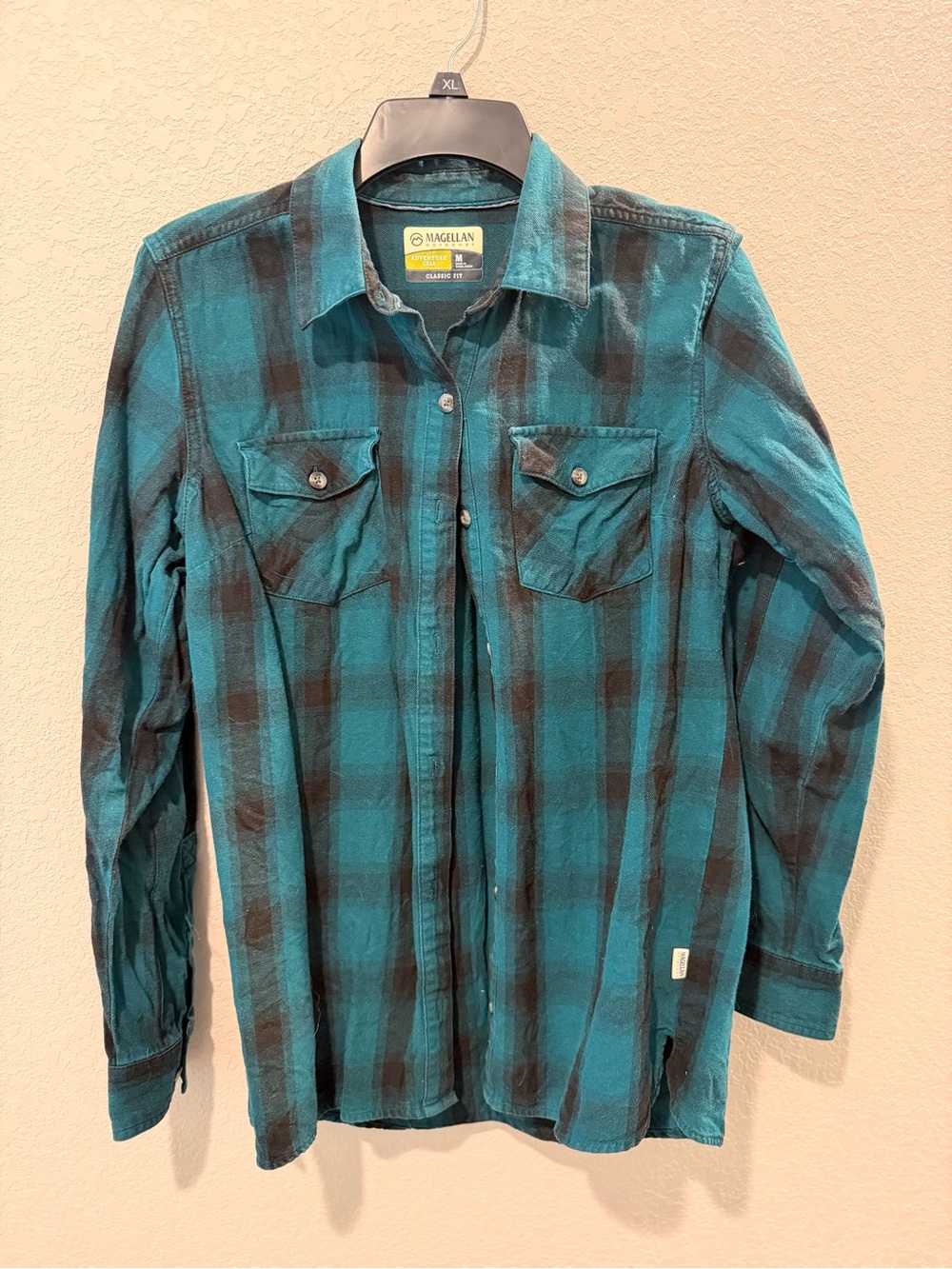 Magellan Outdoors Teal & Black Plaid Flannel Shirt